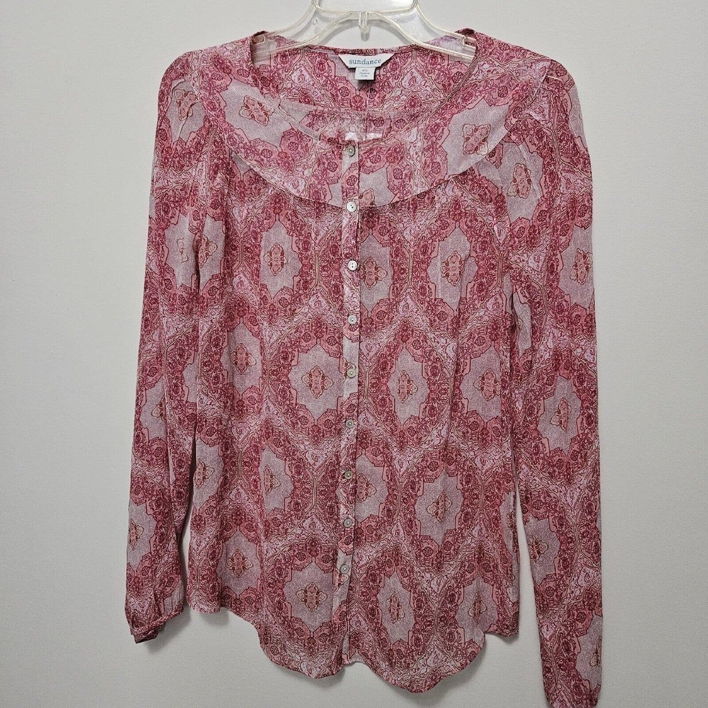 Sundance Blouse Pink Print 100% Silk Long Sleeve Button Semi Sheer Sz S  NWOT